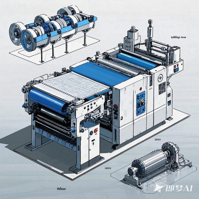 柔版印刷机与胶版印刷机的结构对比示意图，展示弹性印版滚筒与平版印刷单元，工业设计蓝图风格，精确的机械部件分解图，浅灰色背景突出技术细节